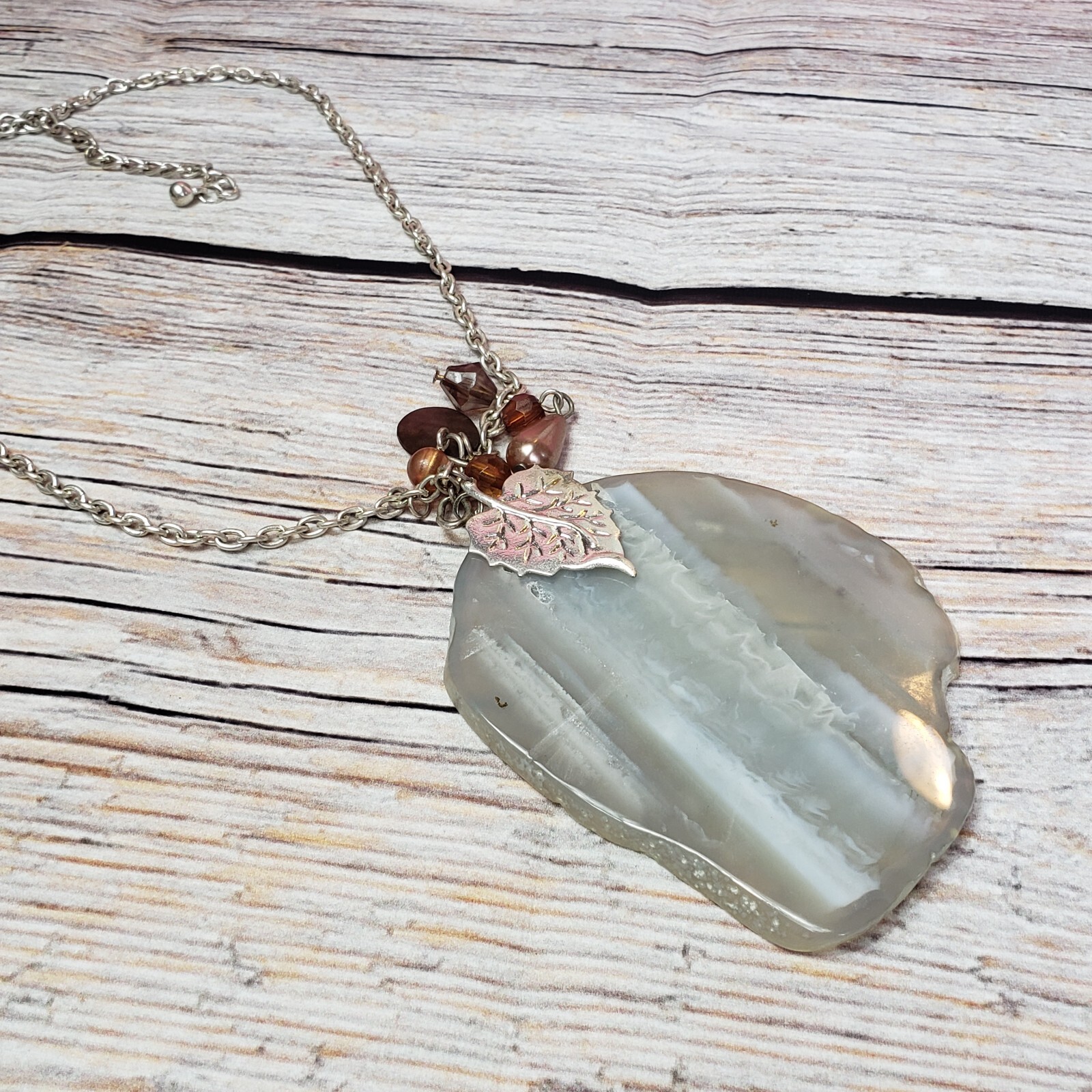 Gray Agate Slice Pendant Necklace Natural Stone Charm Boho Chain Jewelry