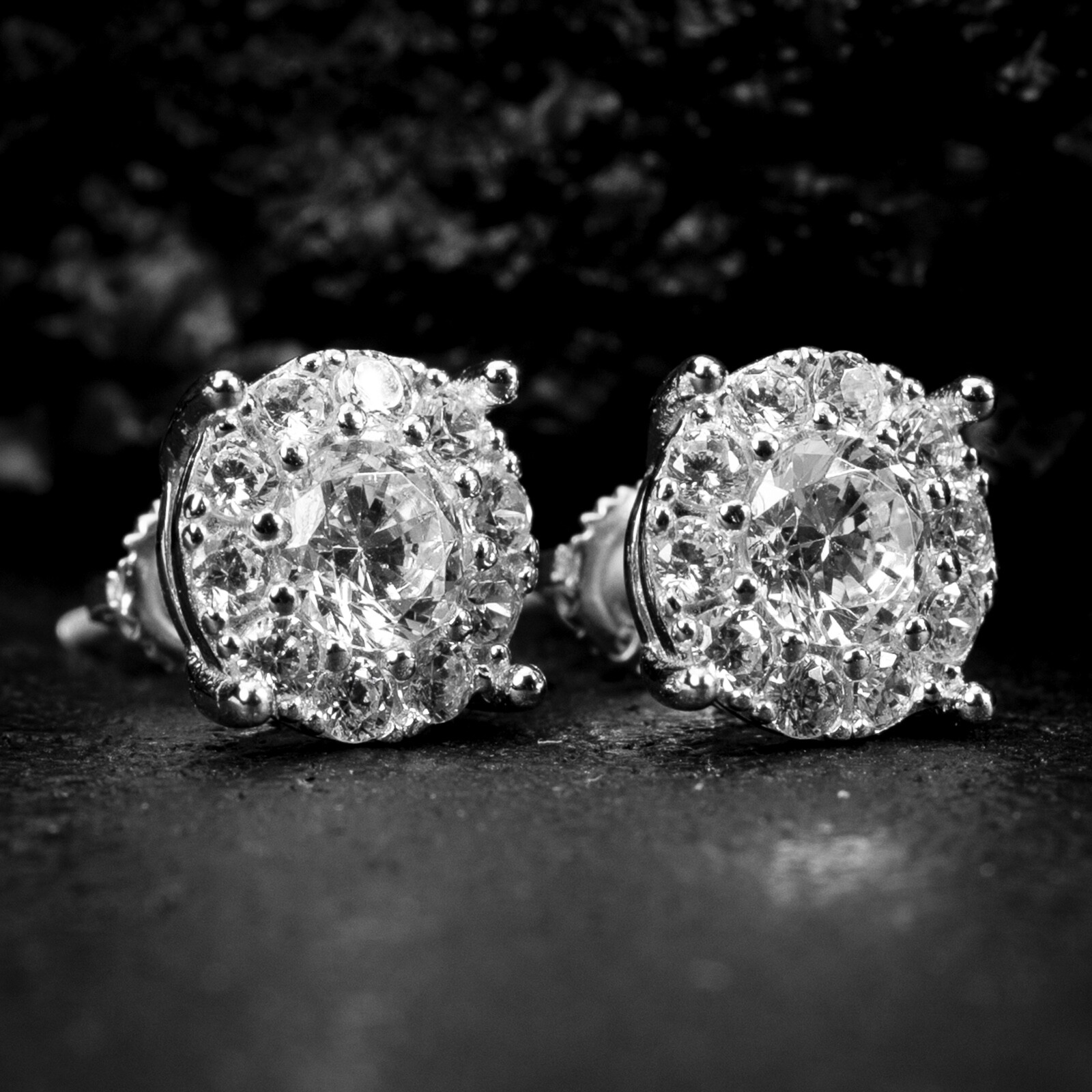White Gold 925 Sterling Silver Men’s Hip Hop Iced Cz Cluster Stud Earrings