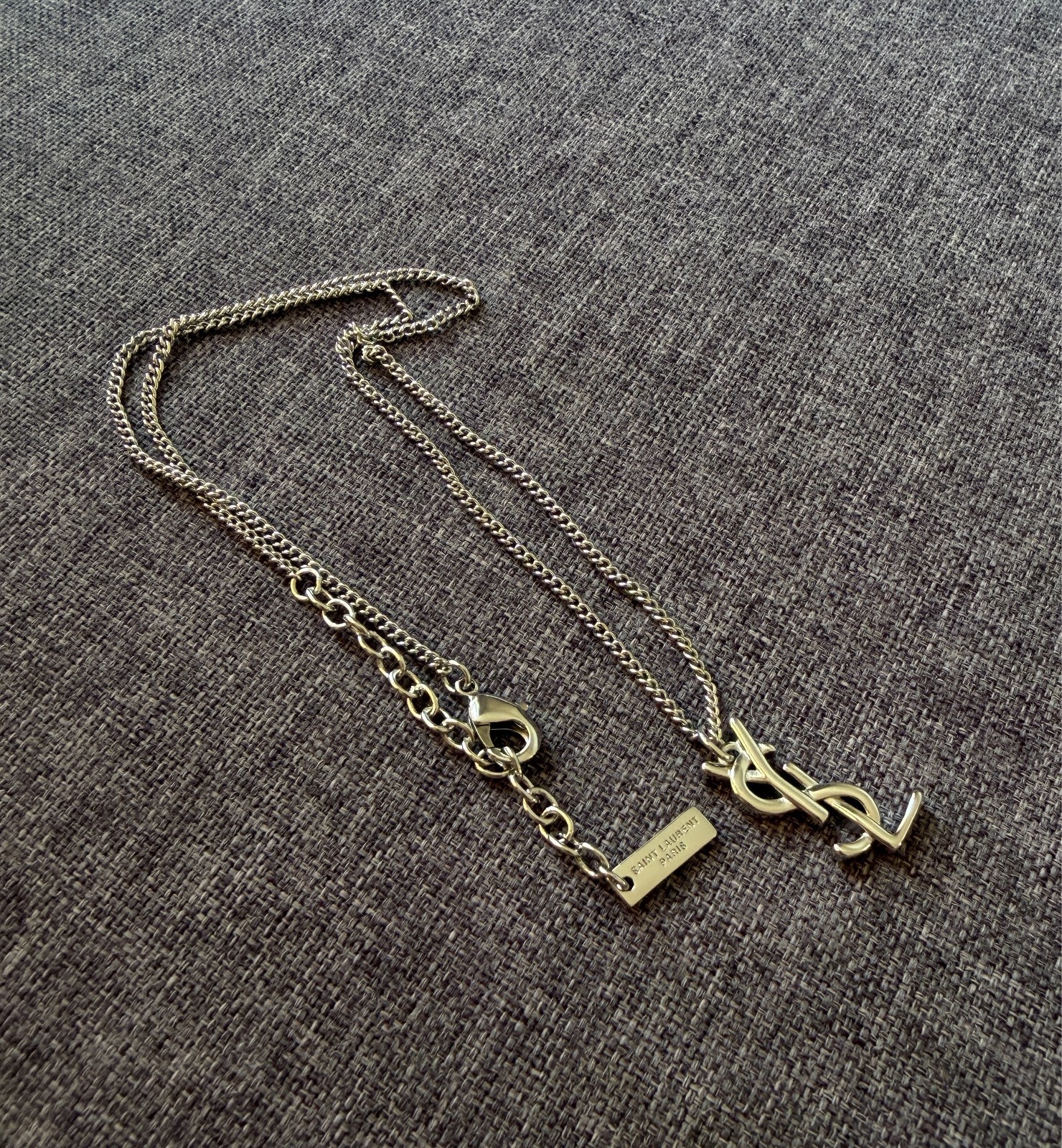 Saint Laurent Pendant YSL Necklace Monogram Silver Tone Adjustable Chain Luxury