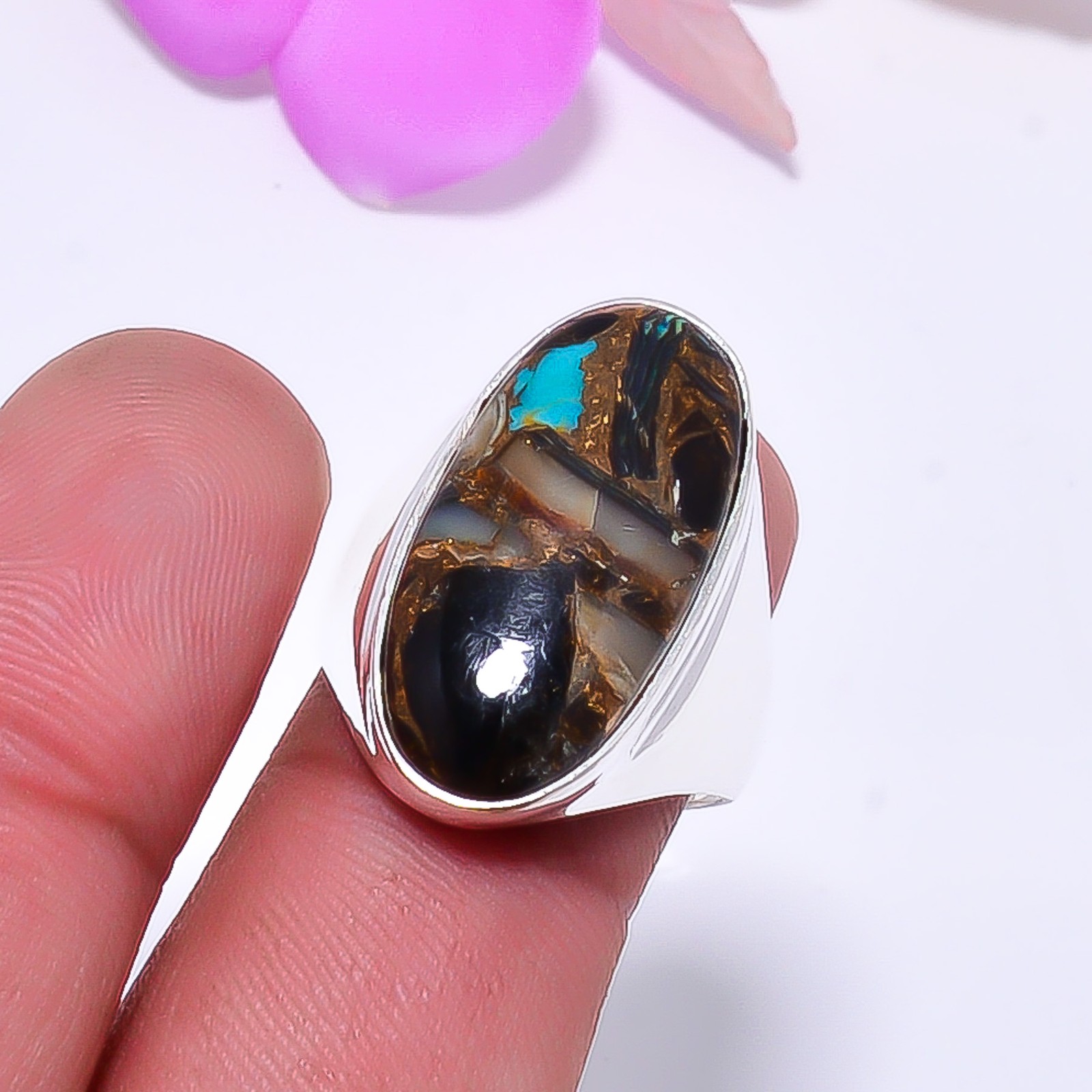 Copper Black Obsidian With Abalone 925 Sterling Silver Ring S.7.5 R115212