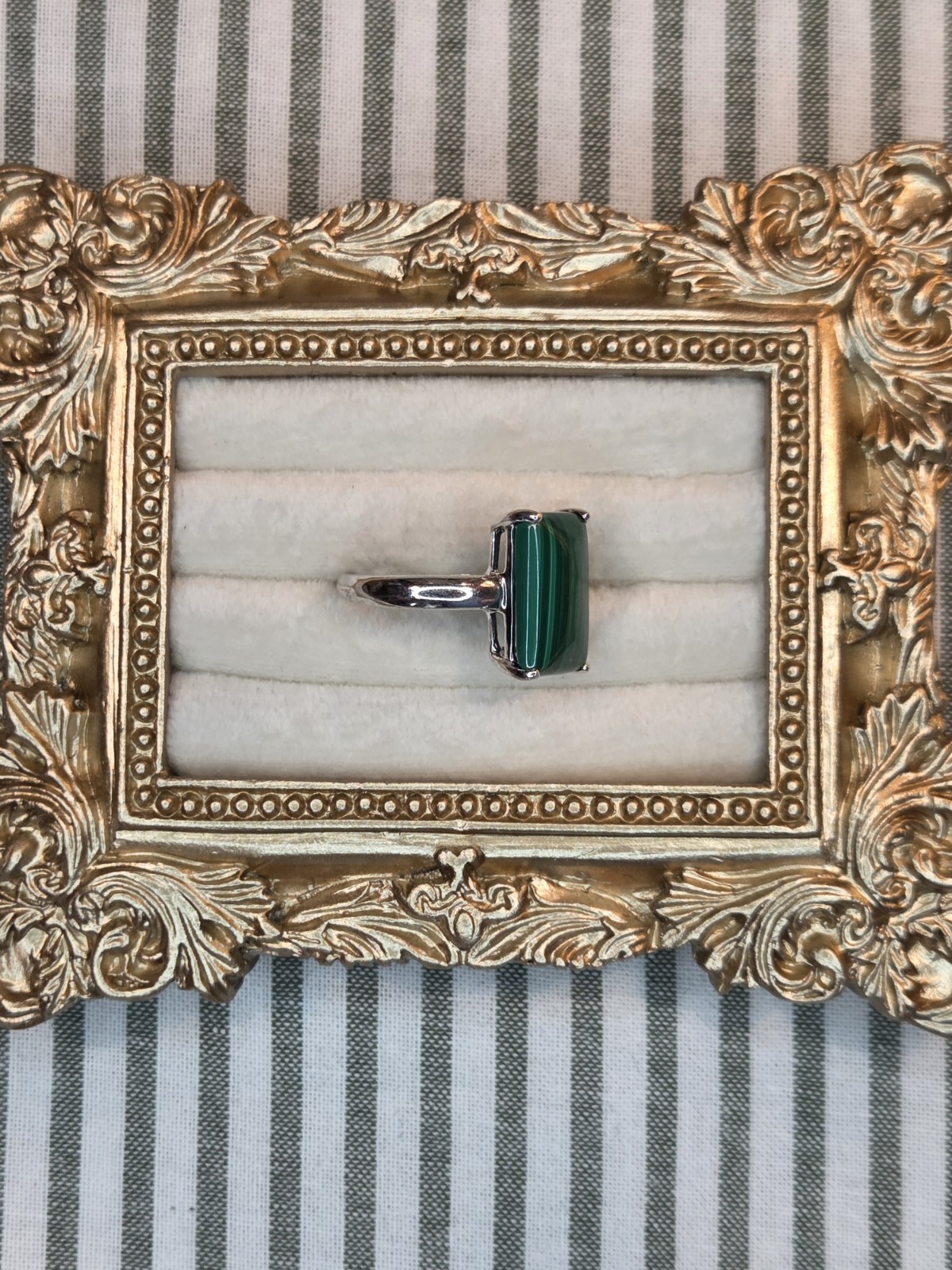 Silver Tone Green Rectangular Stone Cocktail Band Ring Size 7 1 Gemstone