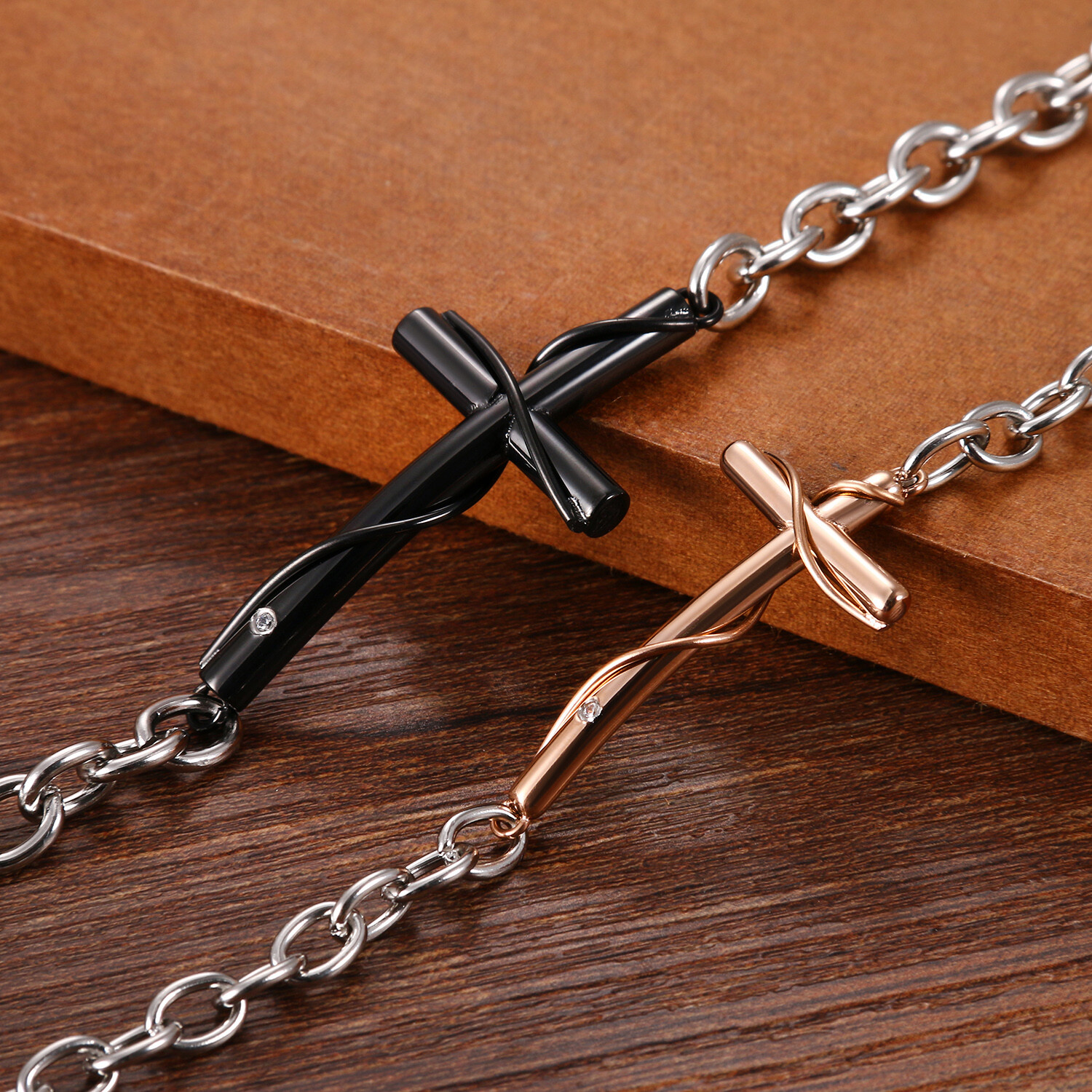 His Hers Stainless Steel Couples Matching Cross Charm Bracelet Pendant Necklace