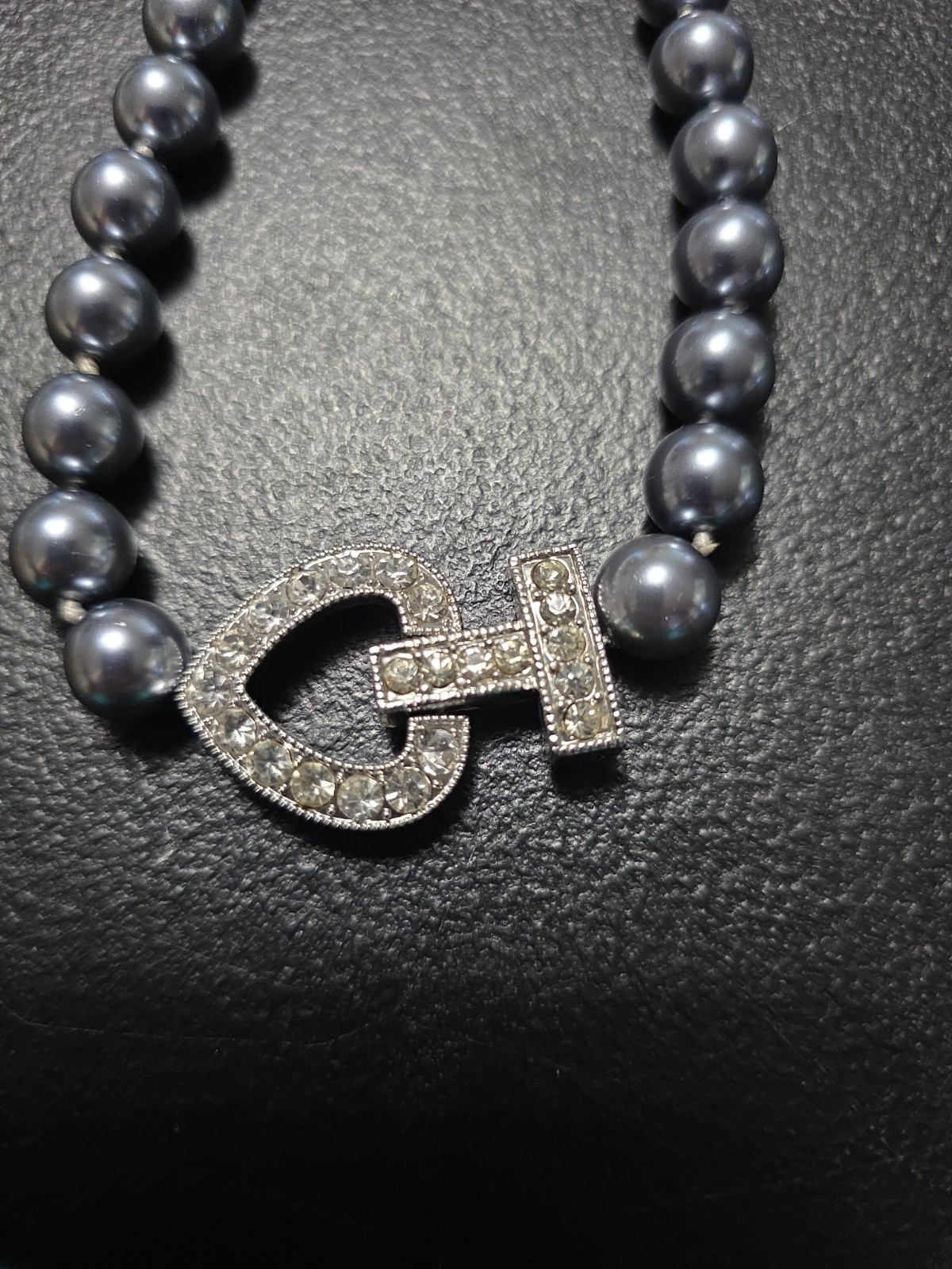 Bloomingdales Hematite Pearl Necklace W/interlocking Rhinestone Studded Omega…