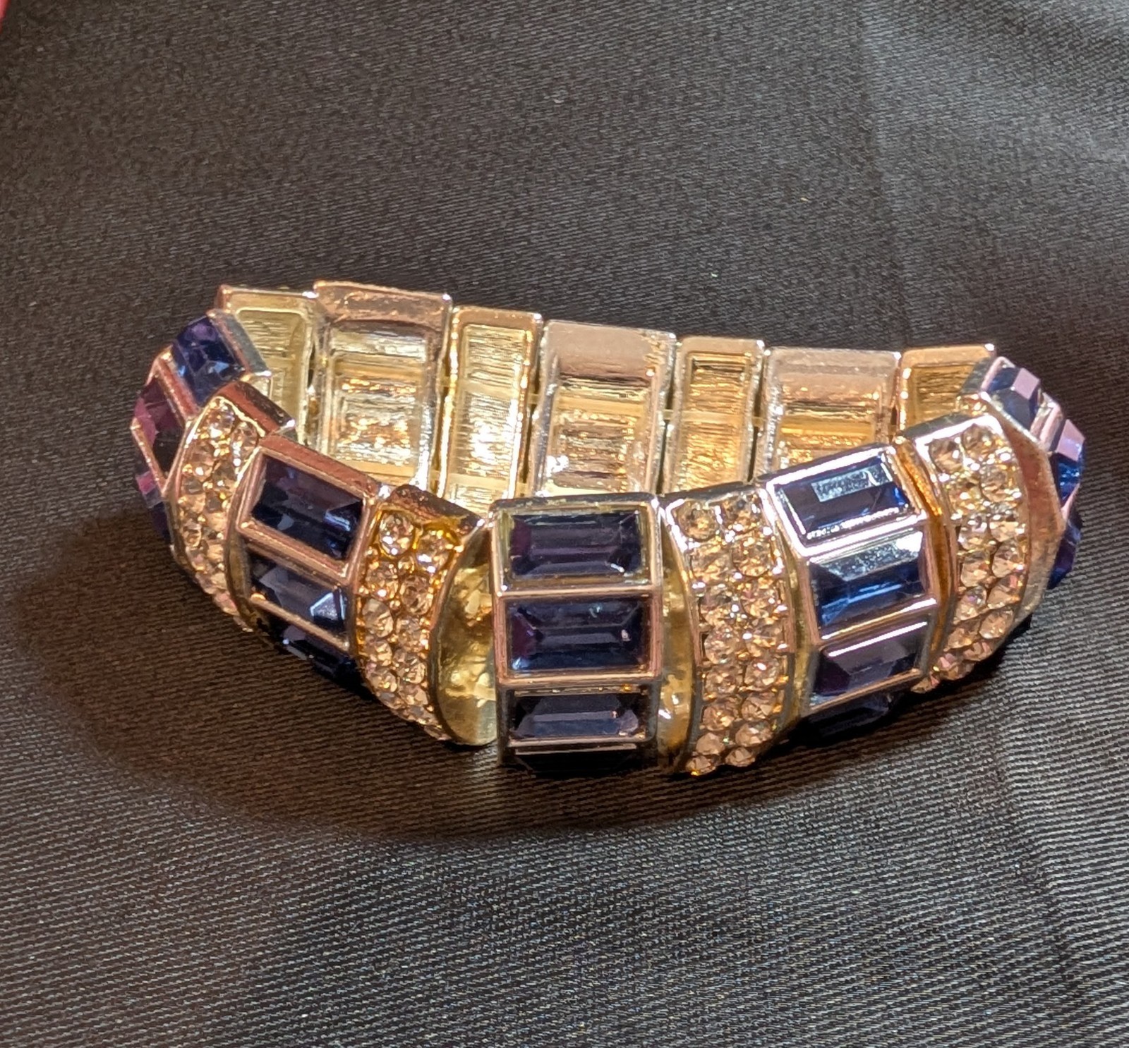 Silver Tone Stretch Bangle Bracelet Blue & Clear Crystal Baguette Round Stones