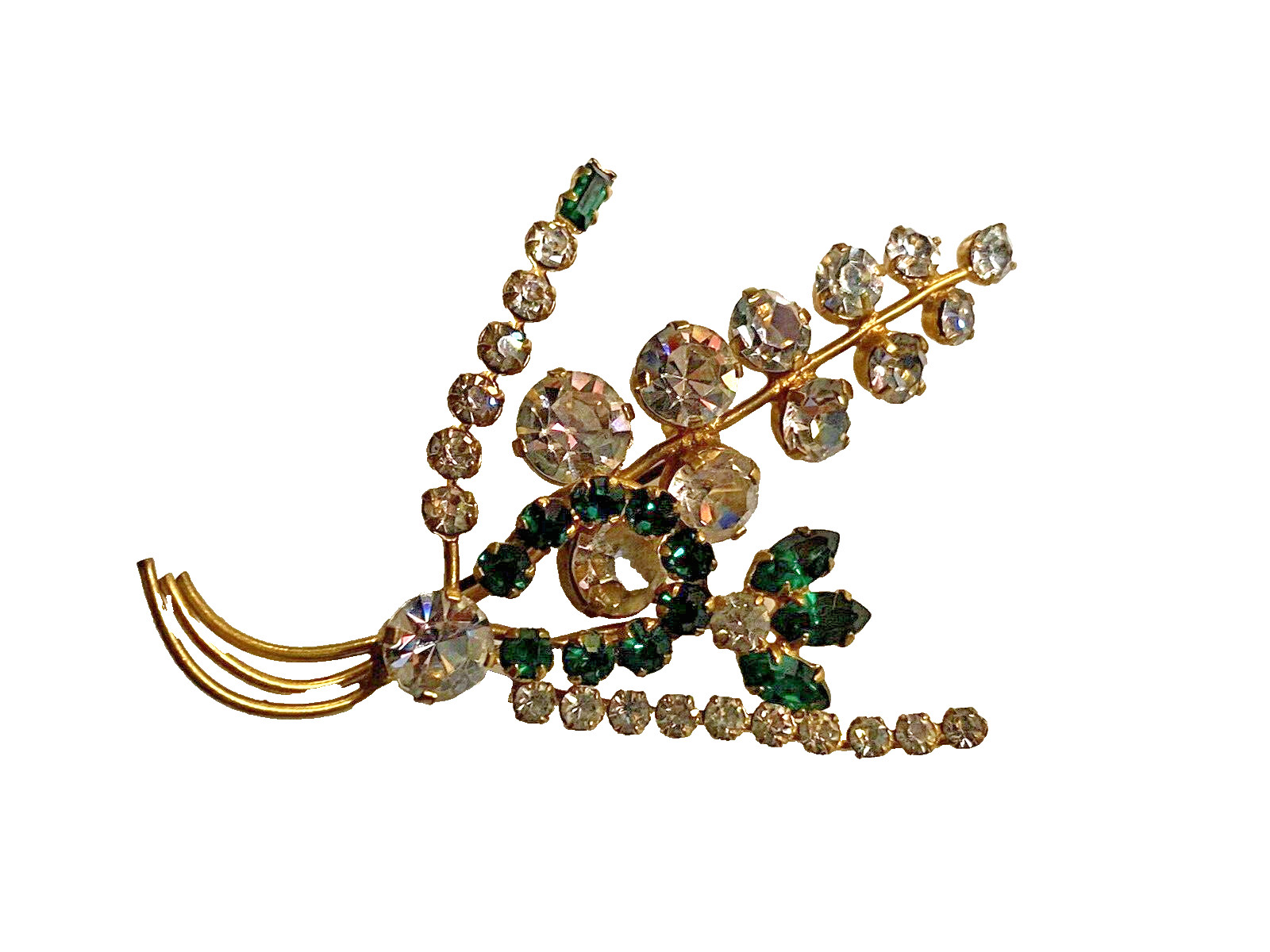 Vintage Brooch Flower Rhinestones Gem Spray Gold Metal 10.30g 1950′ zz