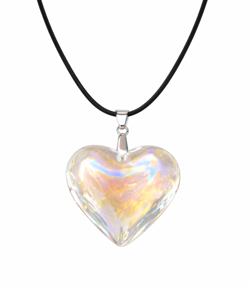 Iridescent Heart Necklace Puffy Heart Pendant Glass Charm Heart Choker Gift