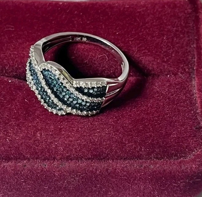 Silver Tone Blue & Clear Crystal Pavé Wave Band Ring, Size 7