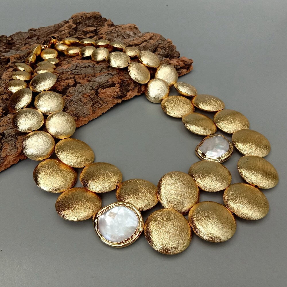 18″ 2 Rows Gold Plated Brushed Coin Bead Cultured White Coin Pearl Necklace