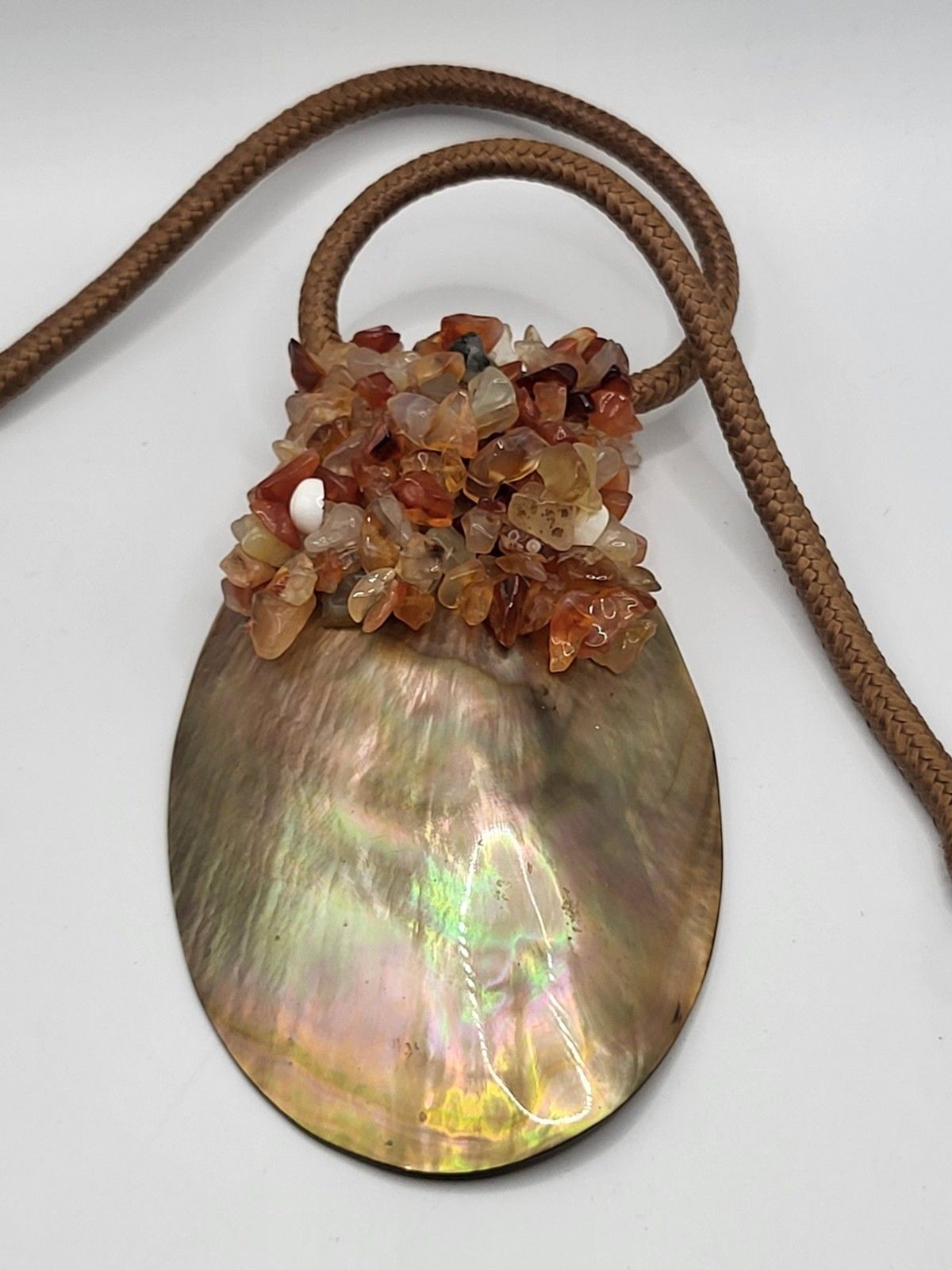 Artisan Iridescent Large Abalone Shell Pendant Corded Necklace Gemstone Chips