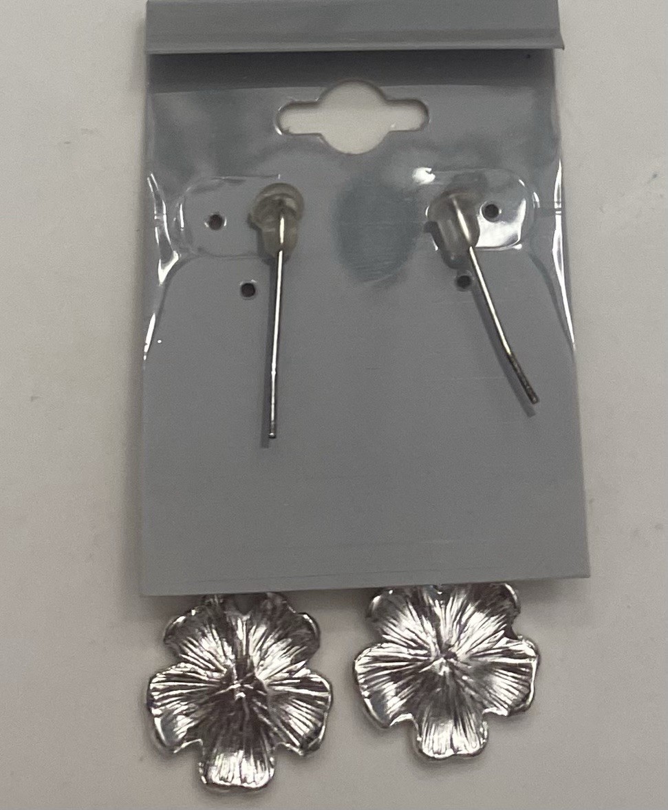Classic Black & White Silver Tone 1 7/8” Dangle Flower Earrings Sparkle Stones