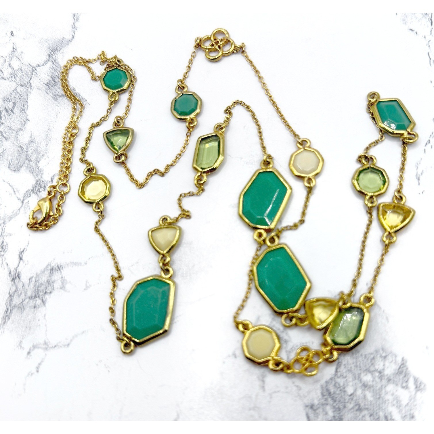 Long Green Stone Necklace Gold Chain 37″ Spring Statement Layering