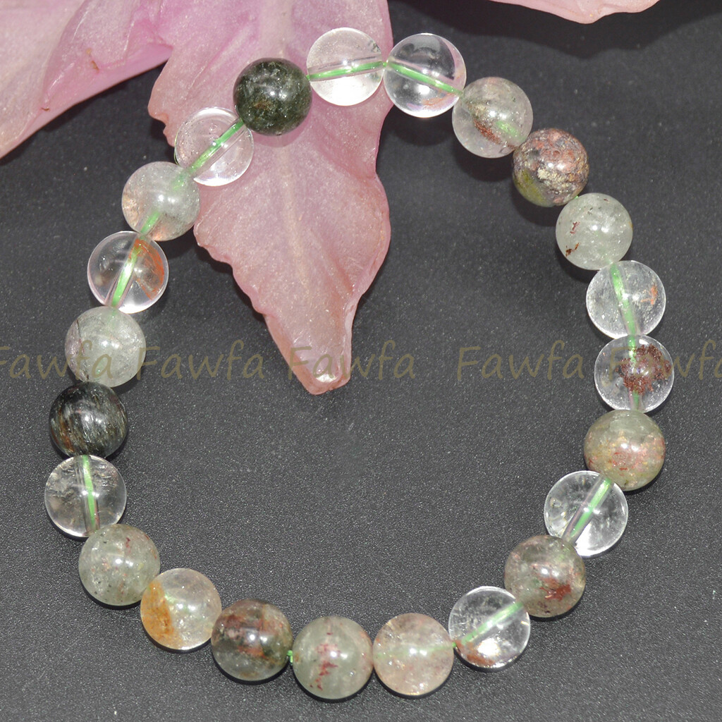 6 Pcs 8mm Green Phantom Ghost Quartz Crystal Round Gems Beads Elastic Bracelet