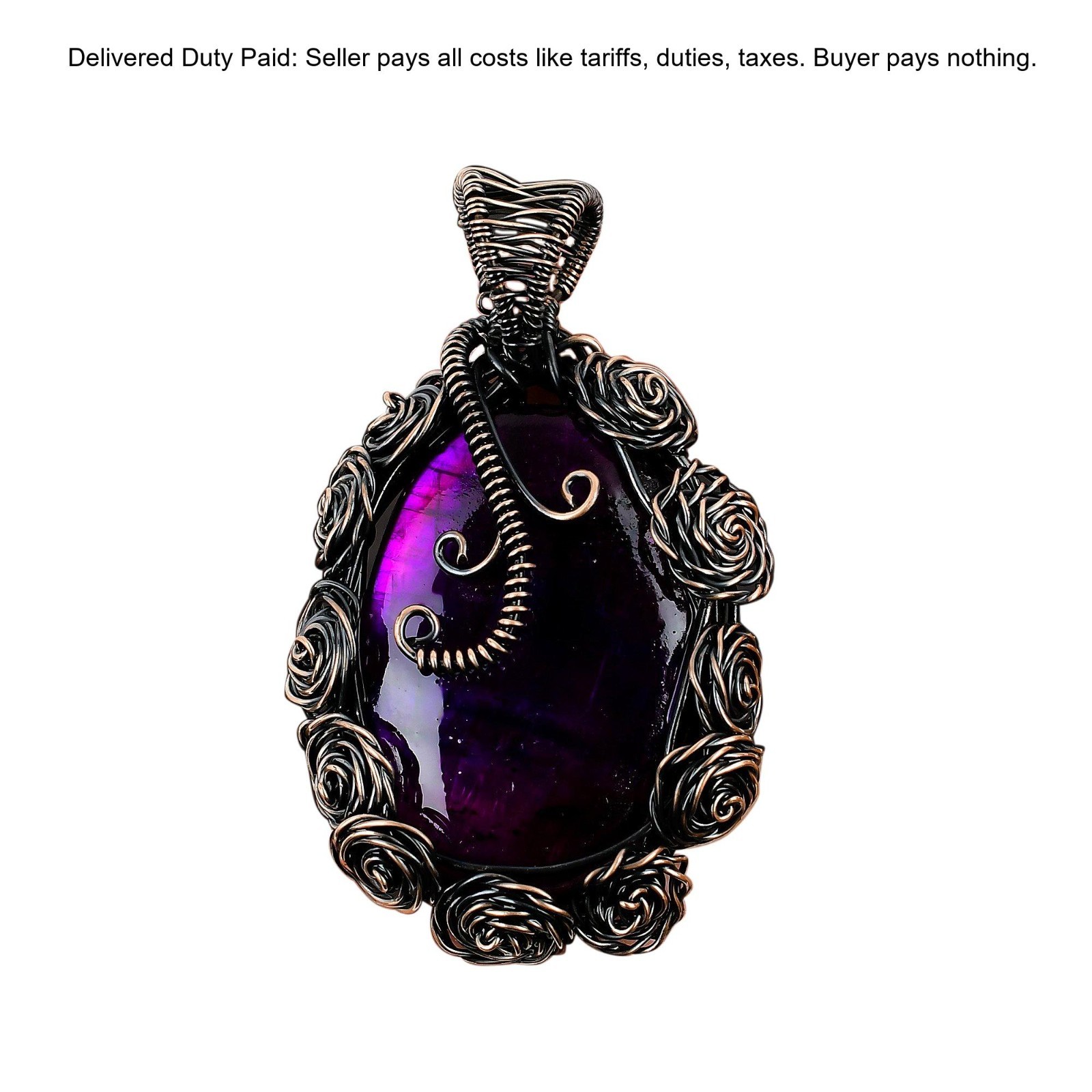 Pink Fire Labradorite Gemstone Flower And Wire Wrapped Pendant Jewelry Copper