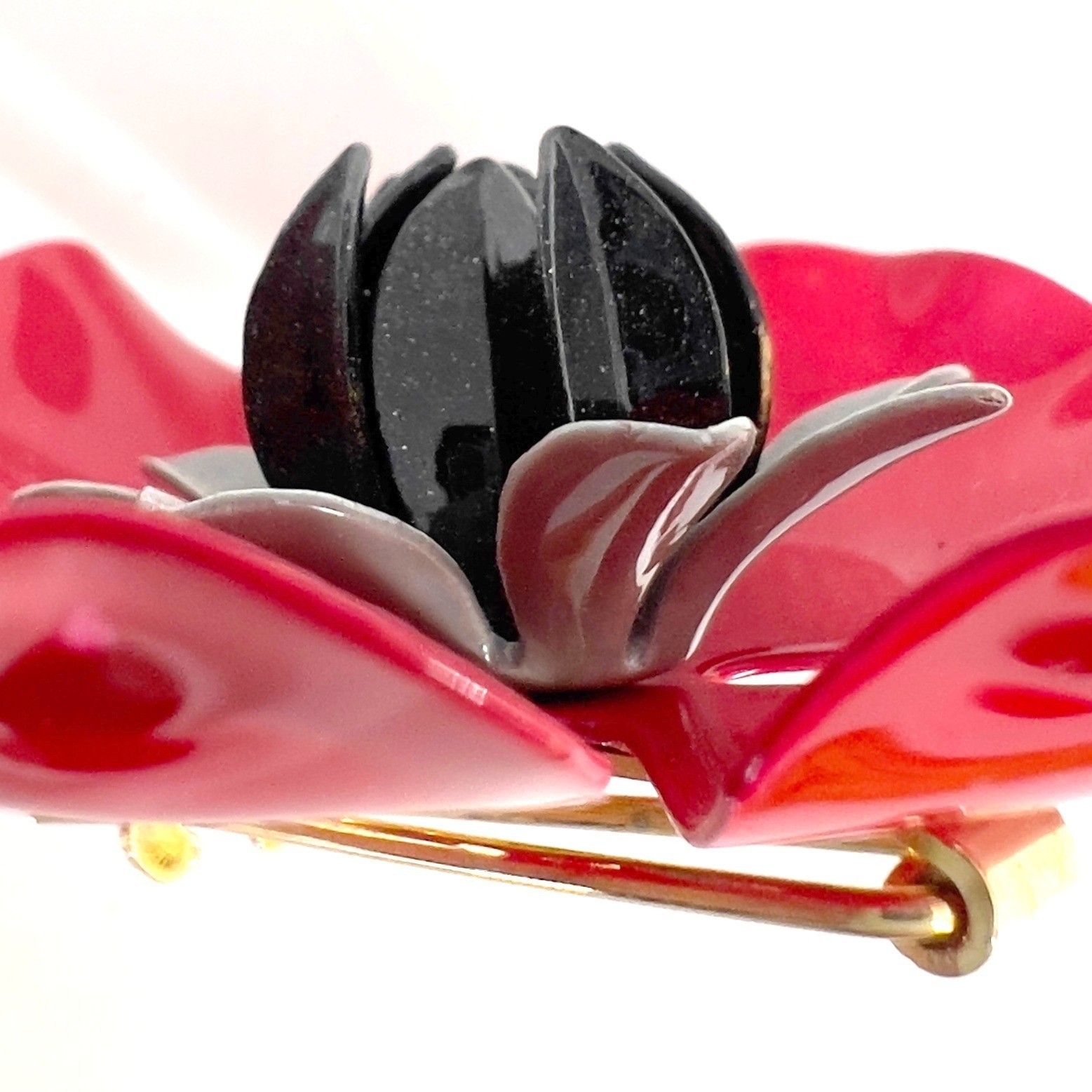 Vintage Red Poppy Flower Enamel Barette 3D Layered Floral Hair Ornament 2.25 in