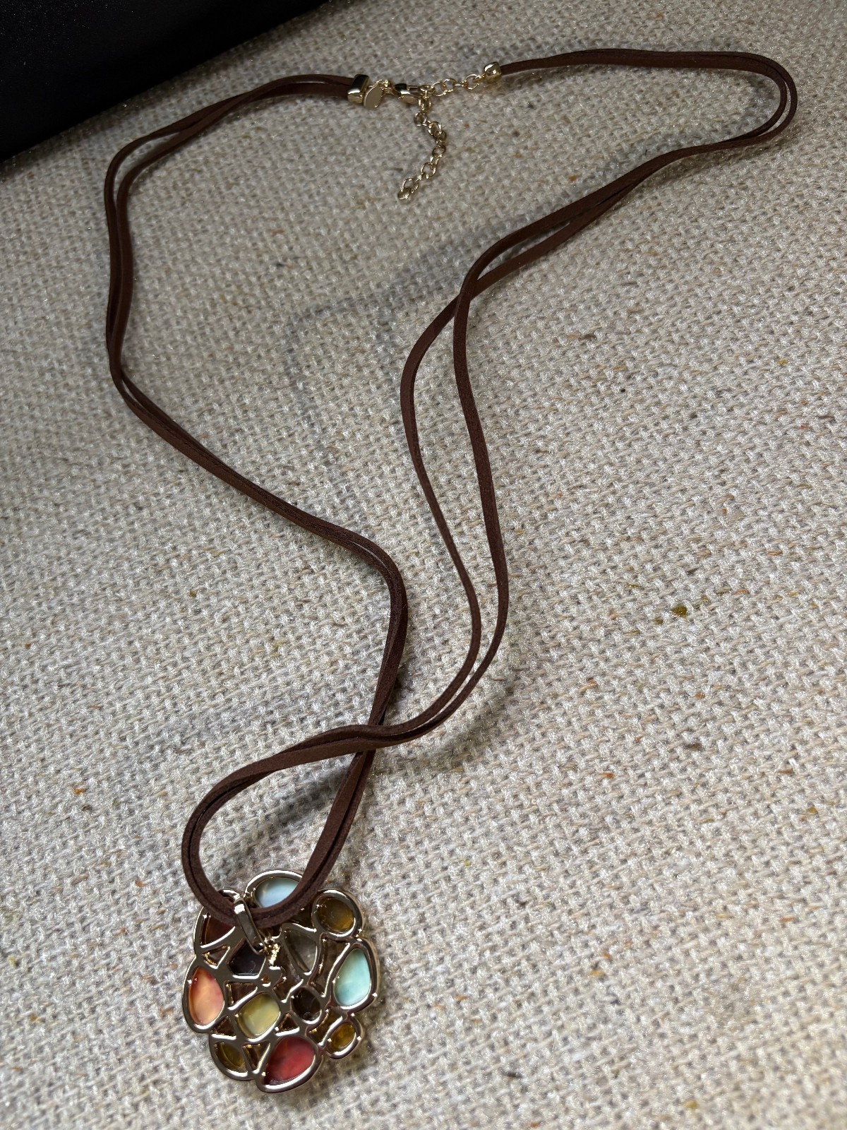 Delia Multi-Colored Charm Pendant Necklace – Adjustable Leather Cord (30”-32”)