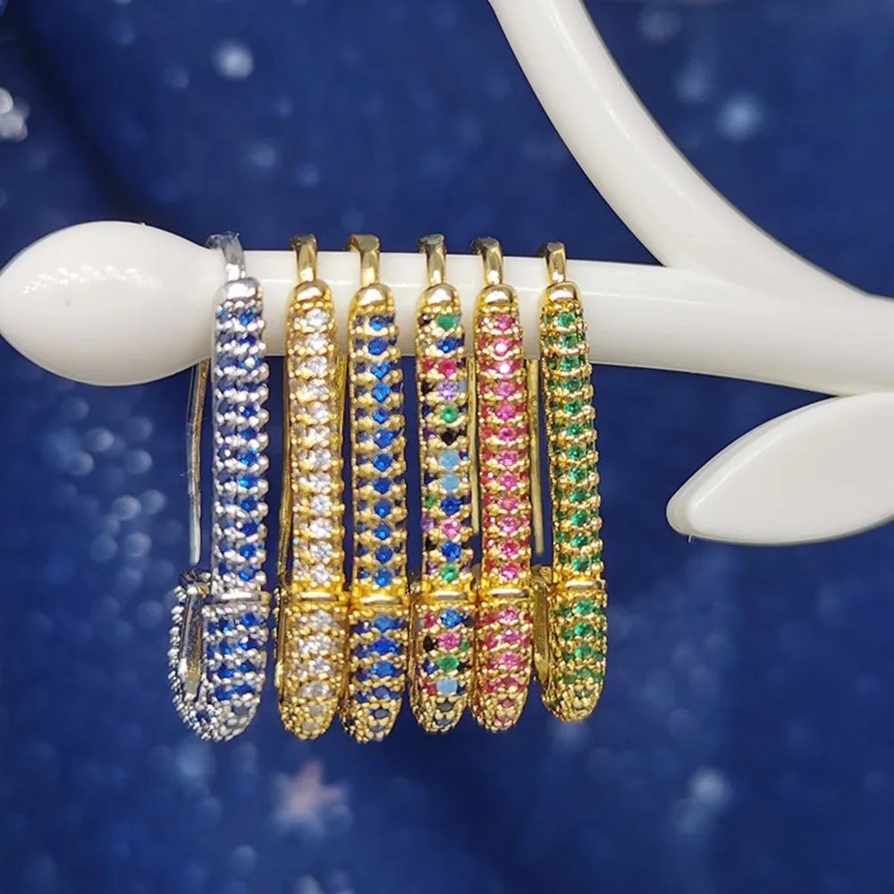 Brass Hoop Earrings Rhinestone Safety Pin Clip Gold Silver Red Green Blue Z313