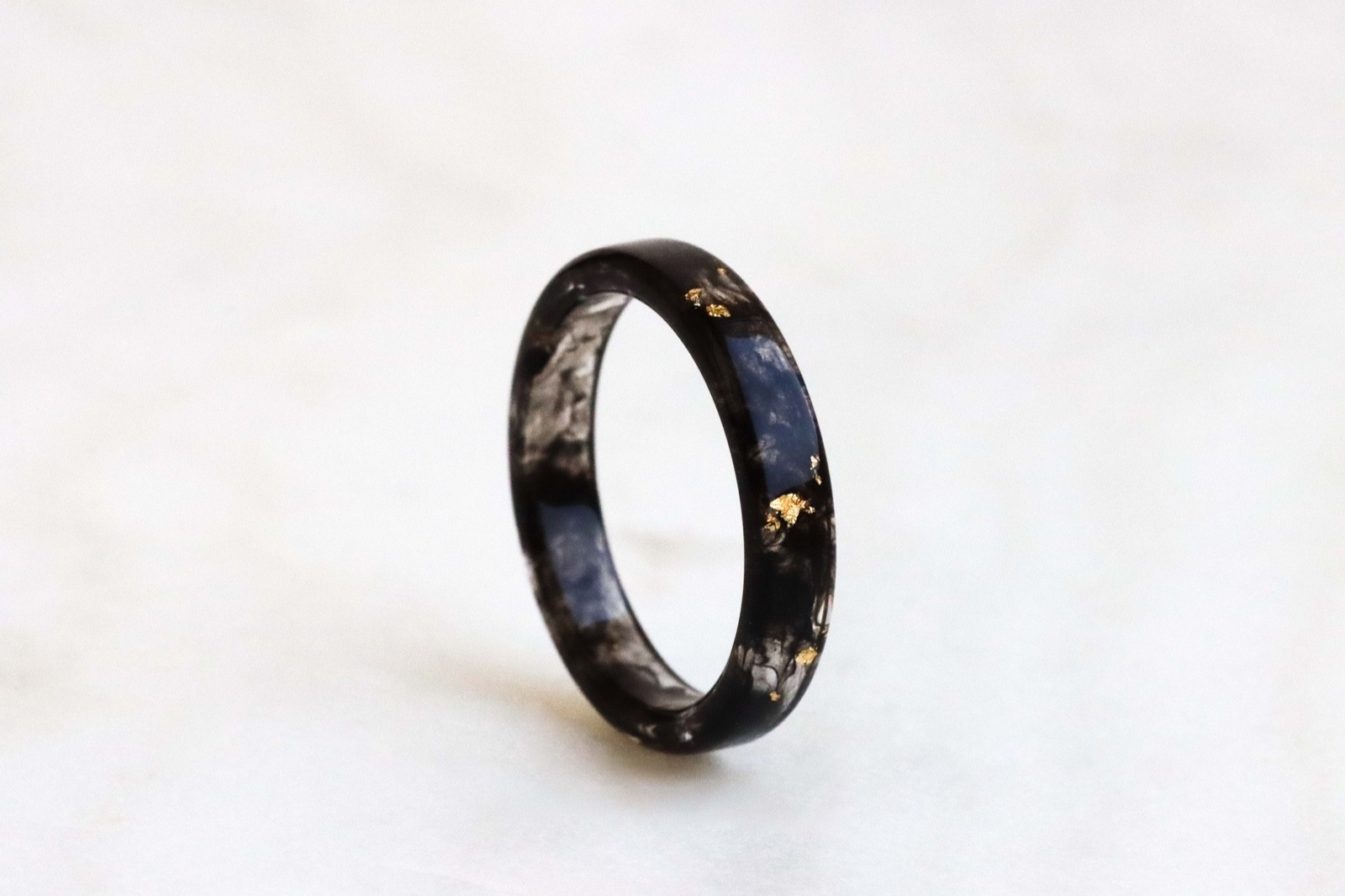 Black Resin Ring With Metal Flakes, Handmade Unisex Band Minimalist Jewelry Gift