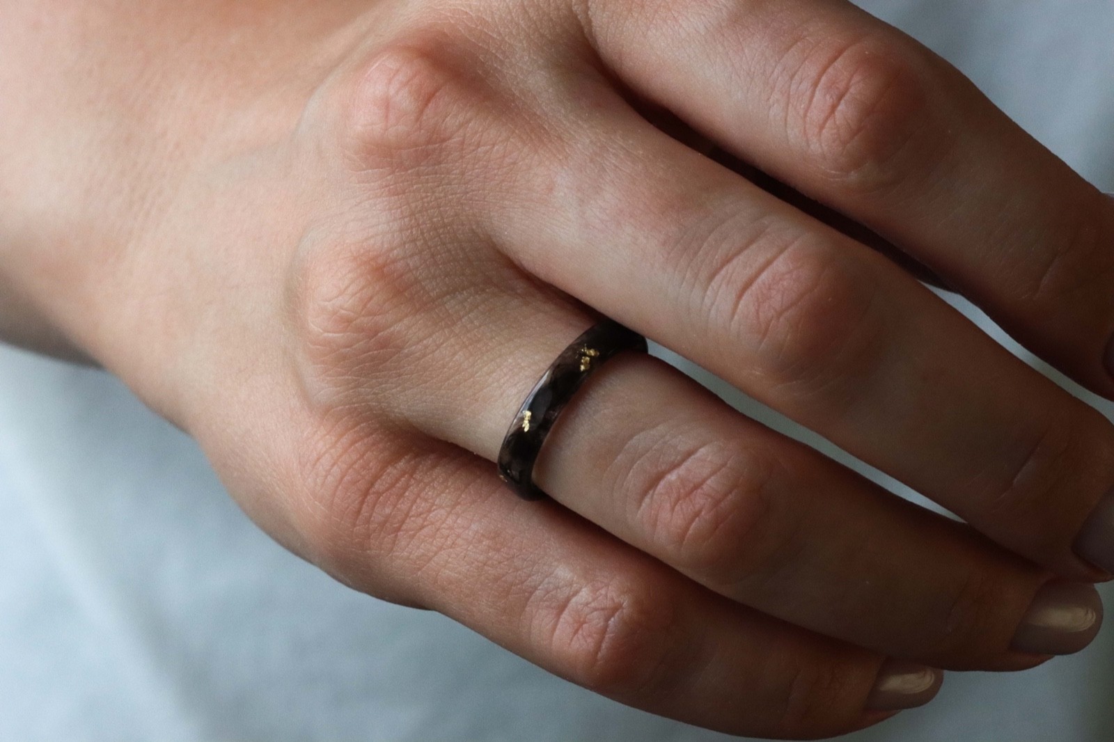 Black Resin Ring With Metal Flakes, Handmade Unisex Band Minimalist Jewelry Gift