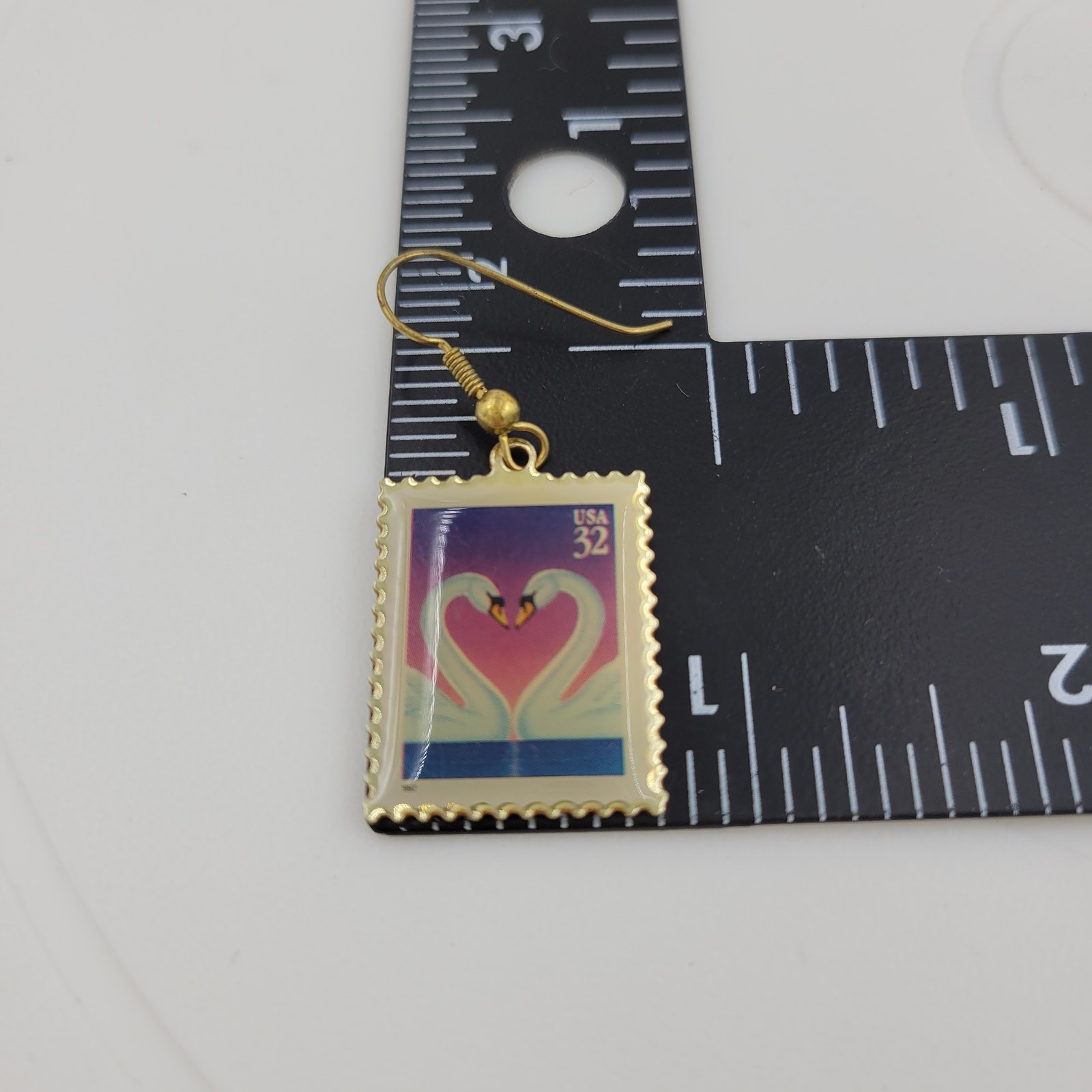 Swan Love 32 Cent Stamp Dangle Earrings Heart Gold Tone Postage Mail USA