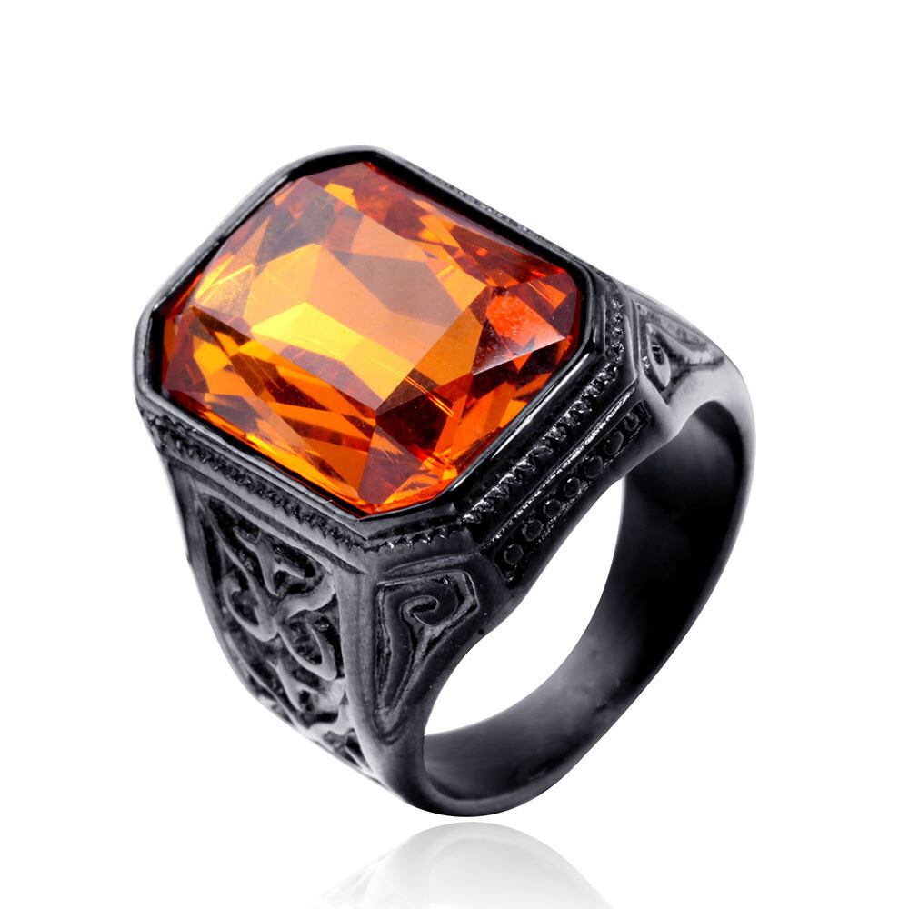 Men Big Stone Ring Stainless Steel Vintage Wedding Promise Cocktail Party Biker