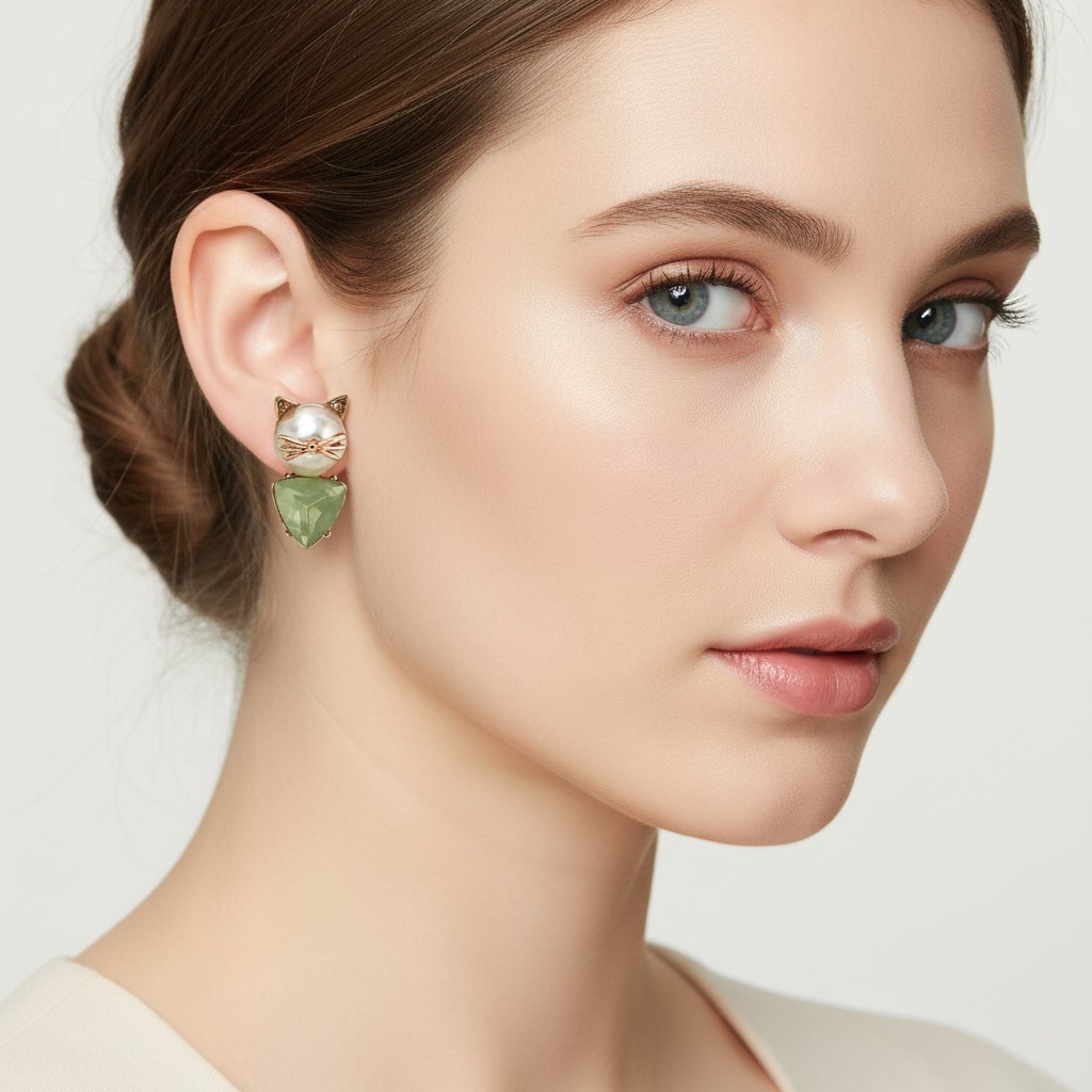 Betsey Johnson Cat Stud Earrings | Pearl Cat Face | Delicate Stone Accents