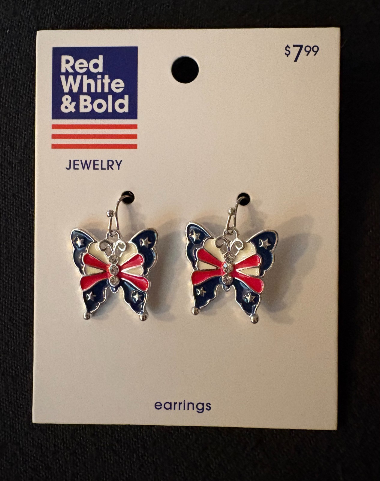 NEW American Stars & Stripes Drop Earrings Patriotic Butterflies Metal & Enamel