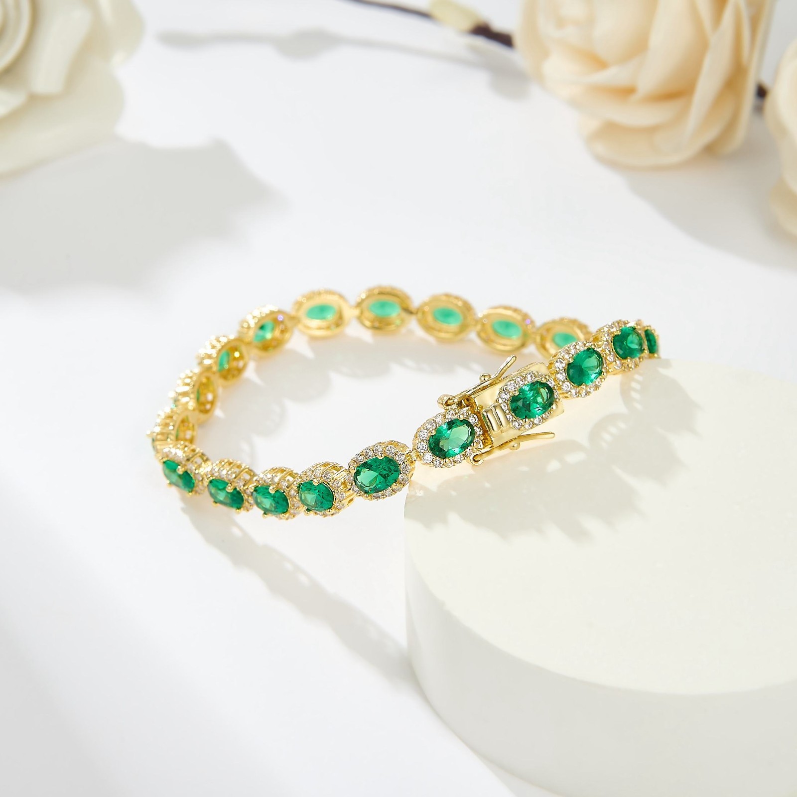 925 Silver Emerald Green Oval Halo Tennis Bracelet Crystal Link Bracelet Women