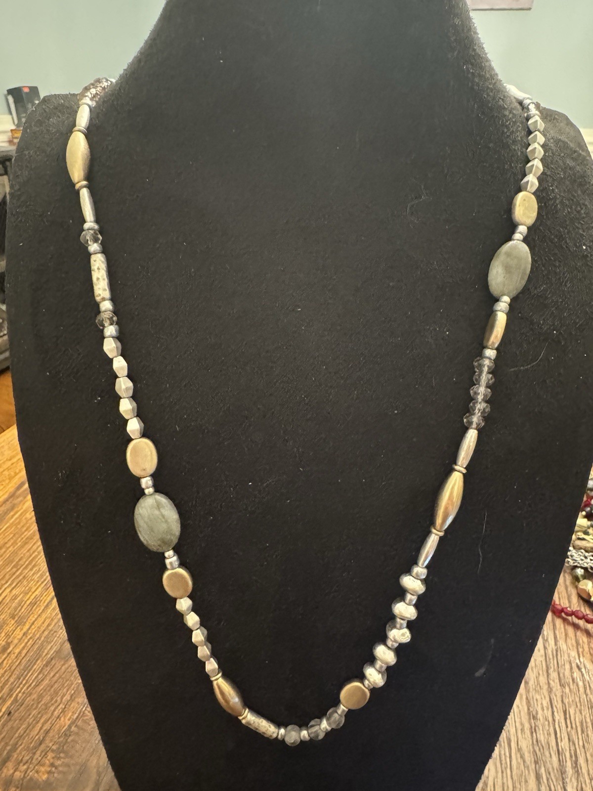 1928 Jewelry Mixed Beaded Necklace Gray Green Stone Antique Silver Gold Tone