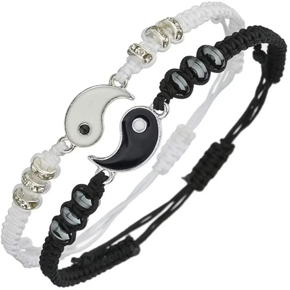 2 PC Jewelry Set Couple Black White Tai Chi Bracelet Rope Adjustable Chain Set S