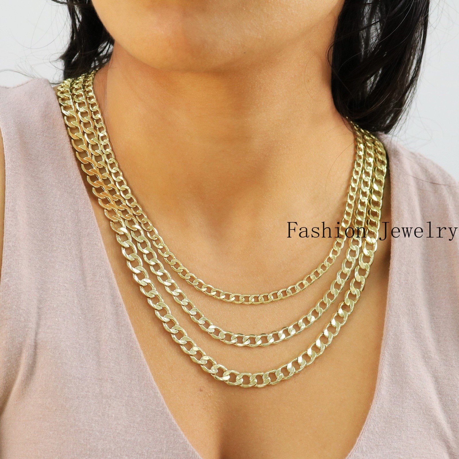 10K Yellow Gold 2mm-7.5mm Curb Cuban Chain Necklace Bracelet Men Women 7″- 30″