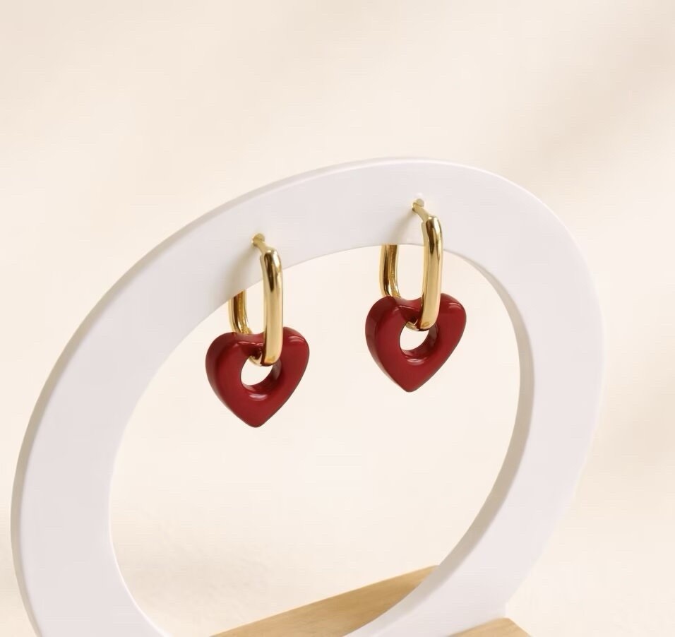 Red Heart Earrings Hoop,Gold Cute Jewelry Gift, Valentine Jewelry For Her 066