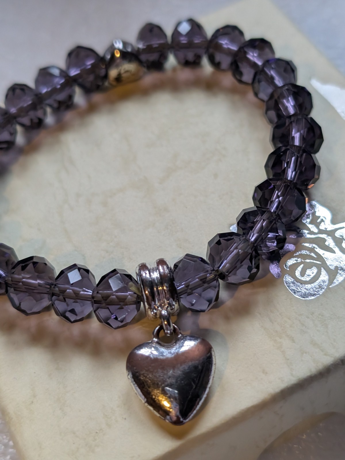 Purple Crystal Elasticated Faux Amethyst Bracelet 30g Love Heart Charm New/ Box