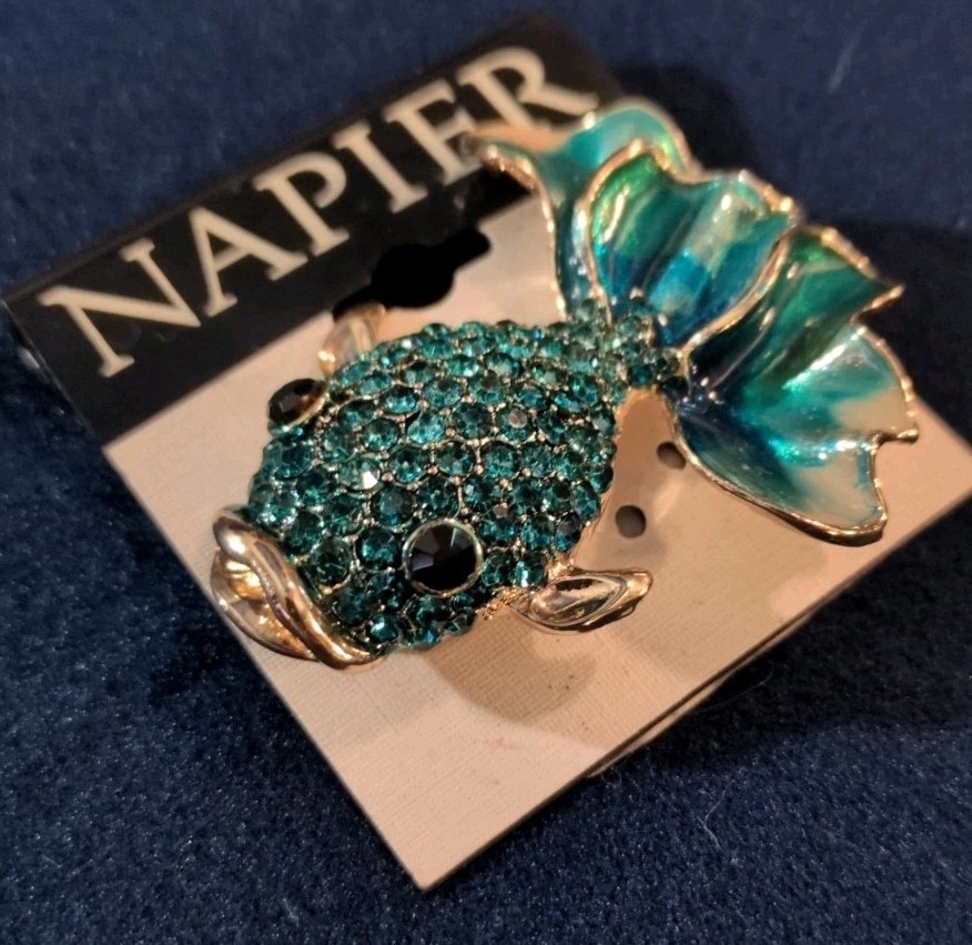 Napier Fancy Koi Gold Fish Brooch Pin Gold Tone Blue Green Rhinestone Enamel 2″