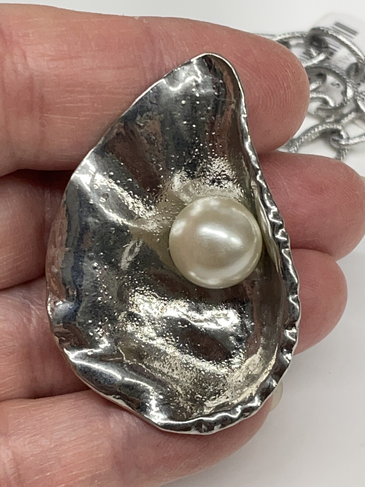 Oyster Shell Pearl Silver Necklace 18″ Stainless Brushed Link Chain Coastal NEW