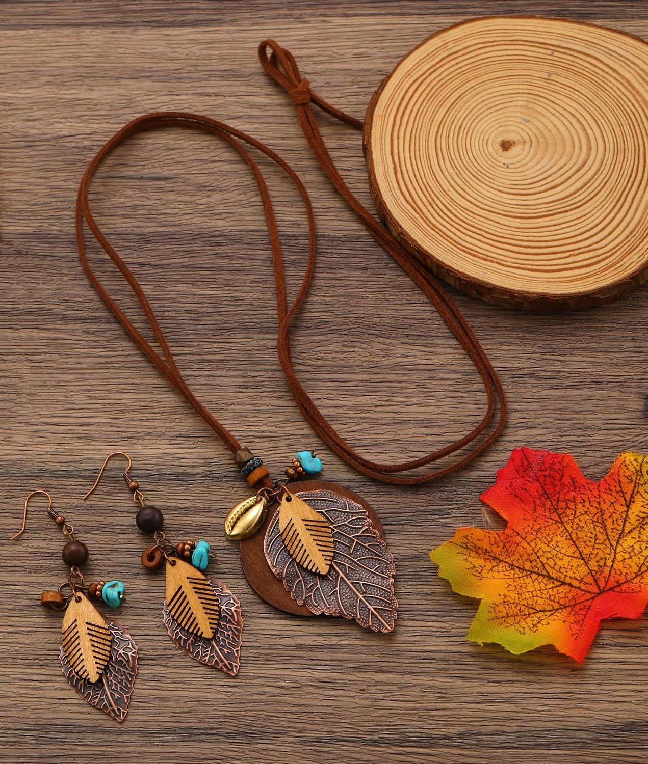 Boho 3D Leaf Alloy & Wood Multi Material Combination Cord Necklace + Earring Set