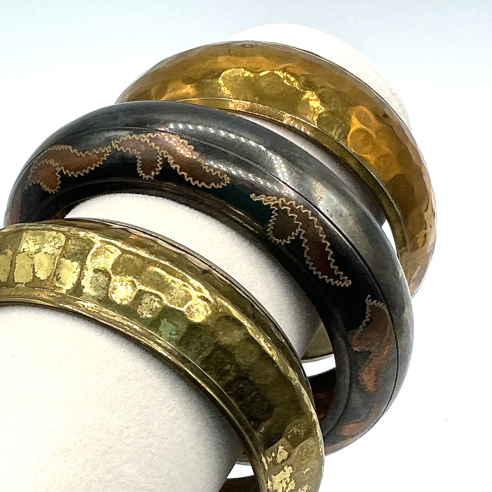 Lot of 3 Brass & Brass Plated Bangle Bracelets Hammered Copper Accents