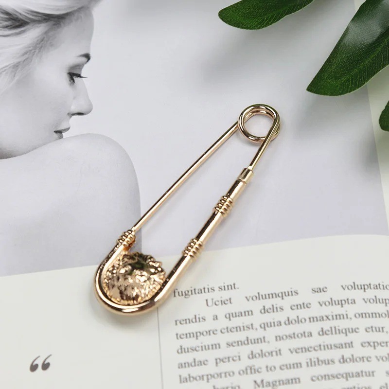 Vintage Large Safety Pin Brooch Double Lion Head Waist Closing Decor Suit Jewelr