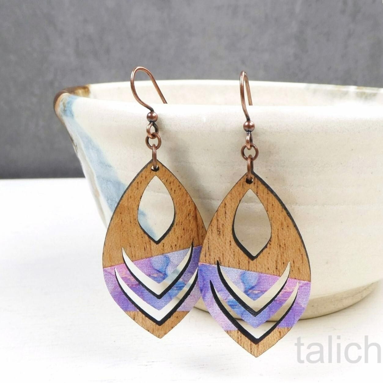 DC Designs Cutout Mahogany Wood Earrings Pink Purple Art Print Boho Chic E43M