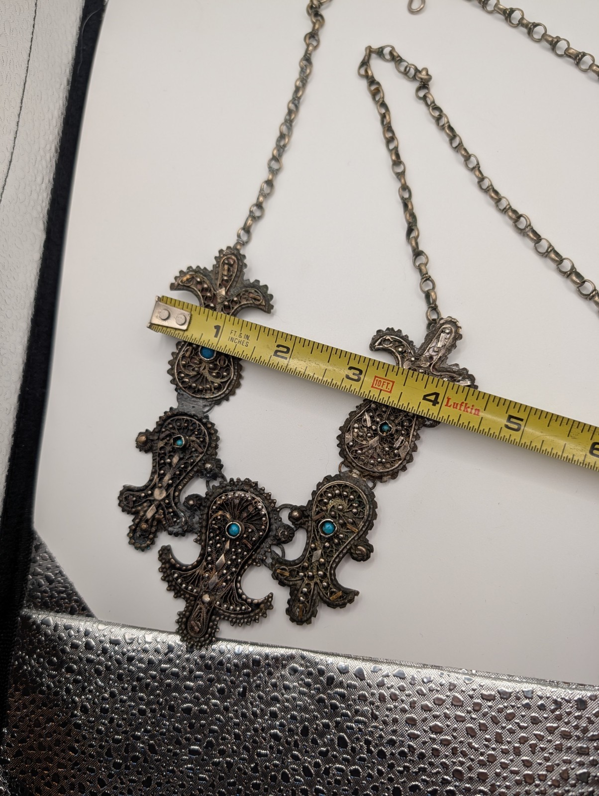 Vintage Middle Eastern Style Filigree Bib Necklace Blue Glass Cabochons