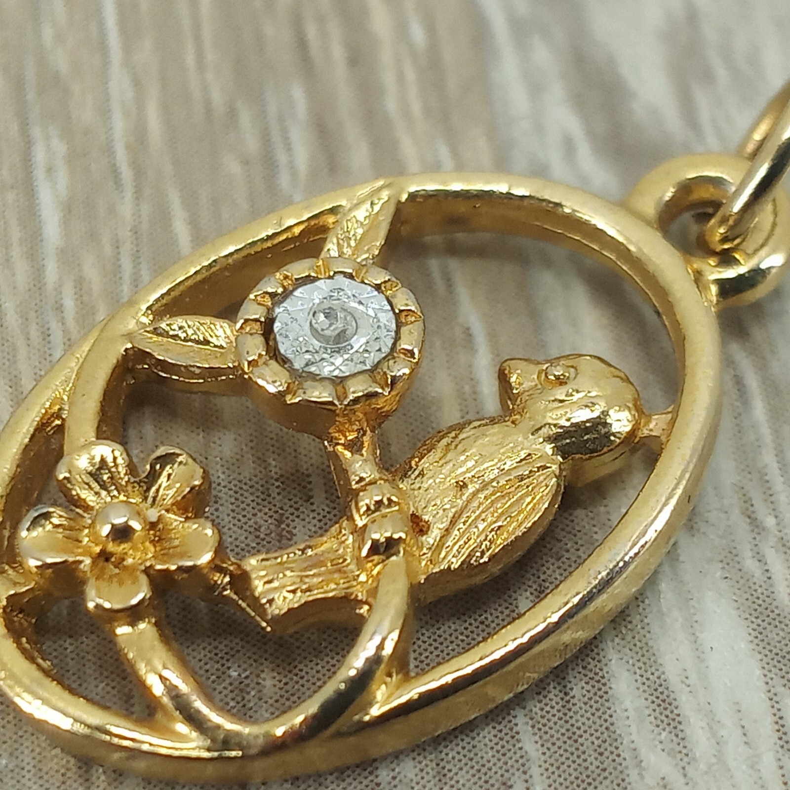 Vtg Bird on Branch Necklace Pendant Yellow Dainty Figural Jewelry