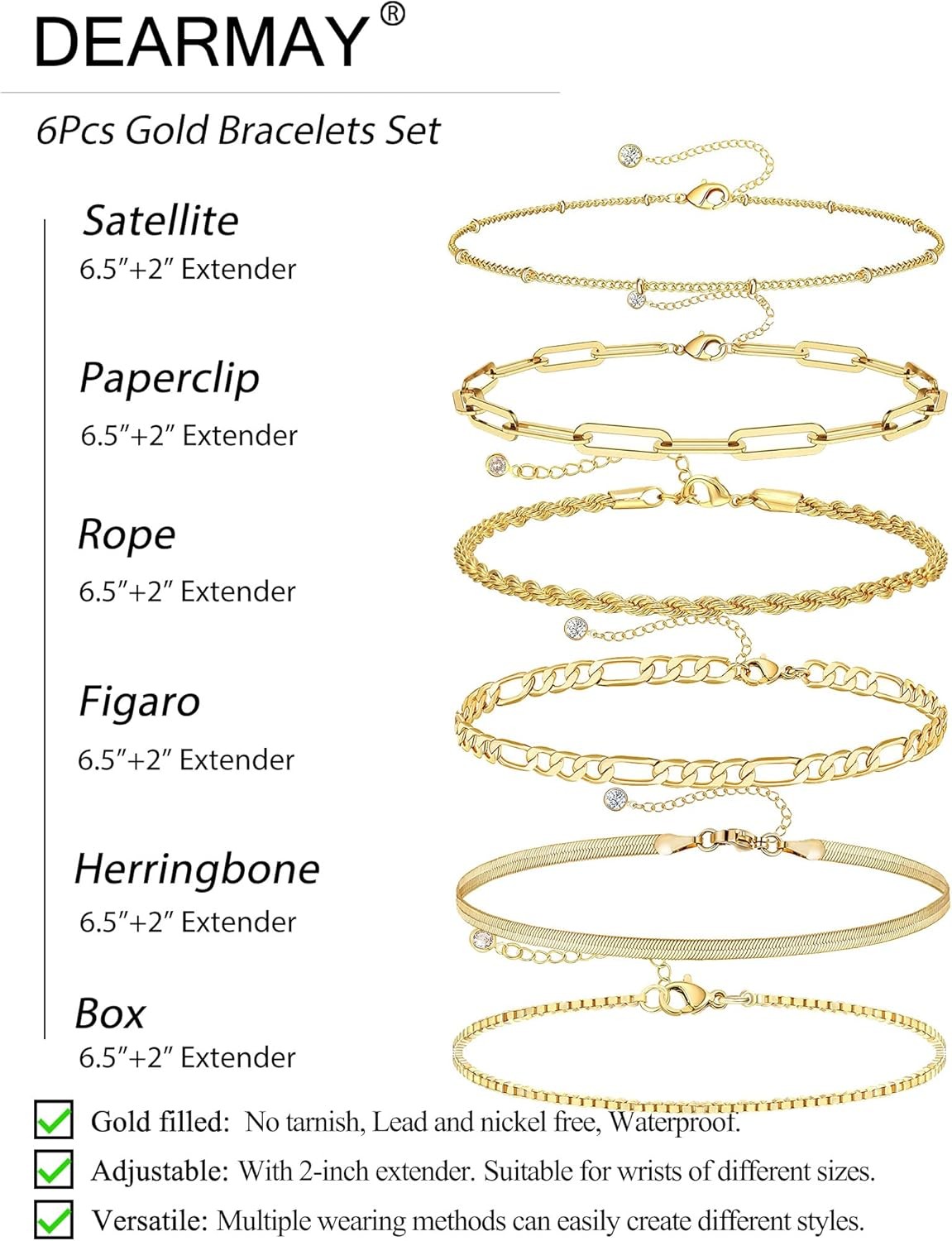 14K Gold Filled Bracelets Jewelry Women Paperclip Box Herringbone Figaro Rope