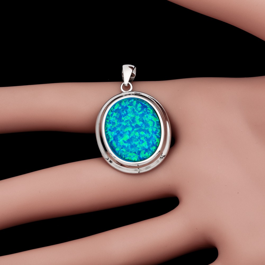 Oval Ocean Blue Fire Opal Cabochon Silver Jewelry Women Necklace Pendant