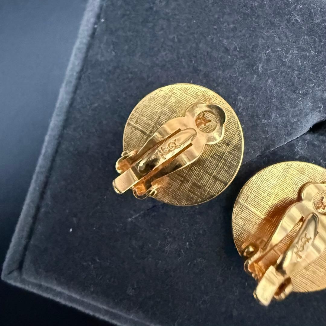 Yves Saint Laurent Earrings YSL Round Engraving Vintage Gold Tone From Japan