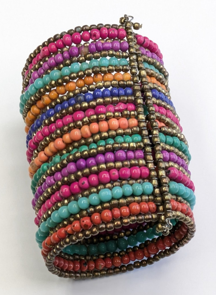 Huge 3.5″ Wide Multicolor Glass Beaded Brass Statement Bracelet Bohemian Tribal