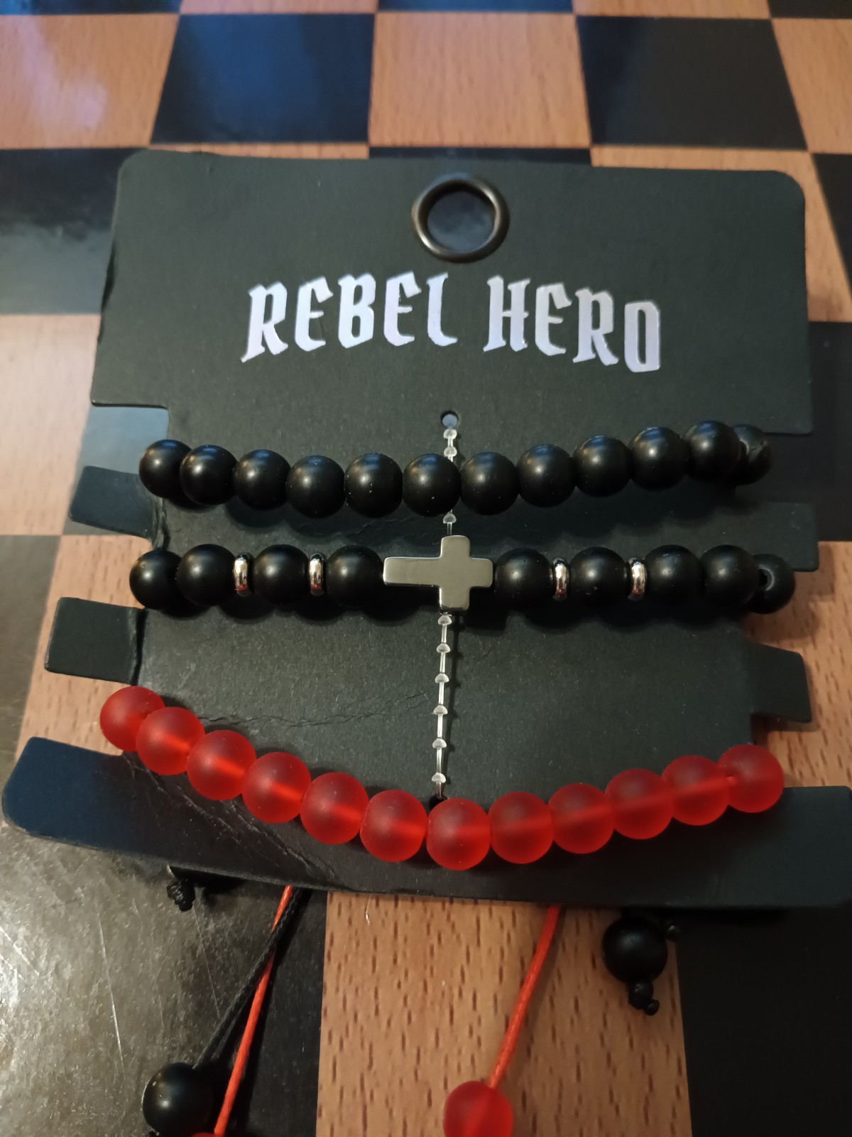Rebel Hero 3pc Black/Red Beaded Cross Dangle Charm Bracelets, Adjustable Bolo