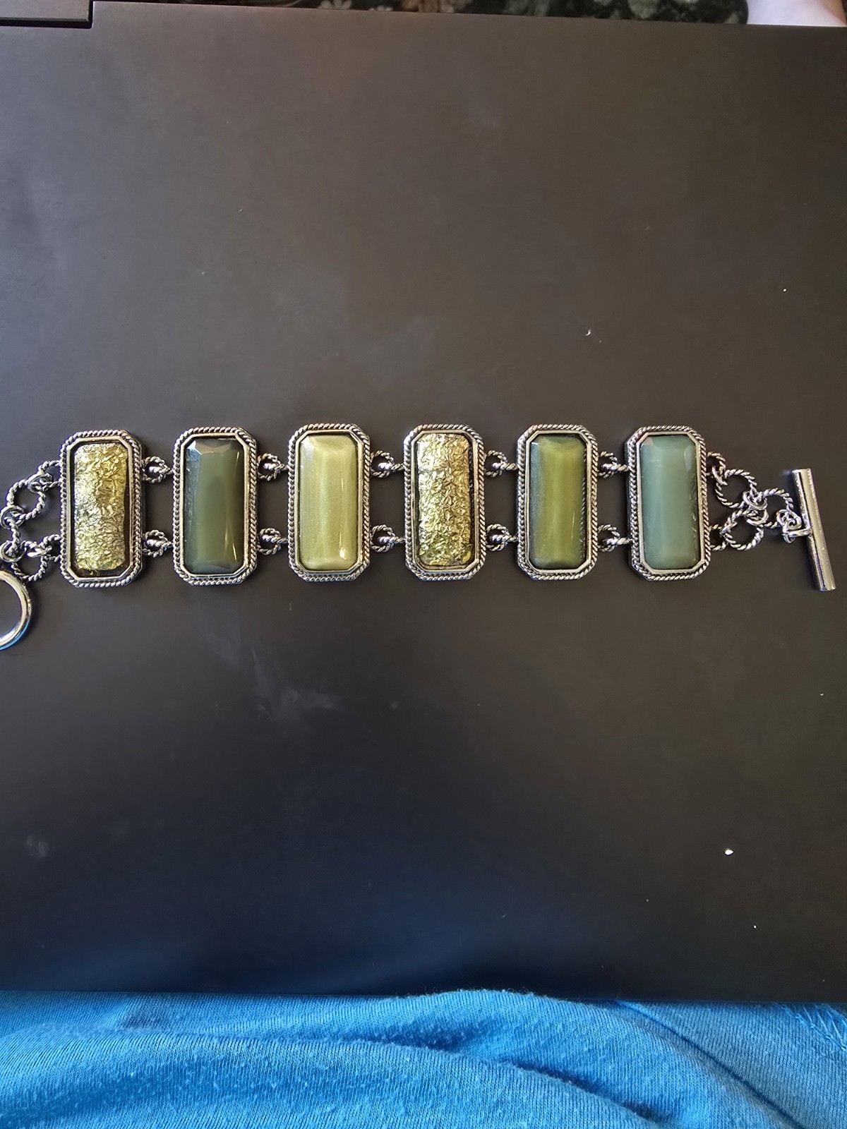Lia Sophie Green Tone Rectangle Silver Toggle Bracelet