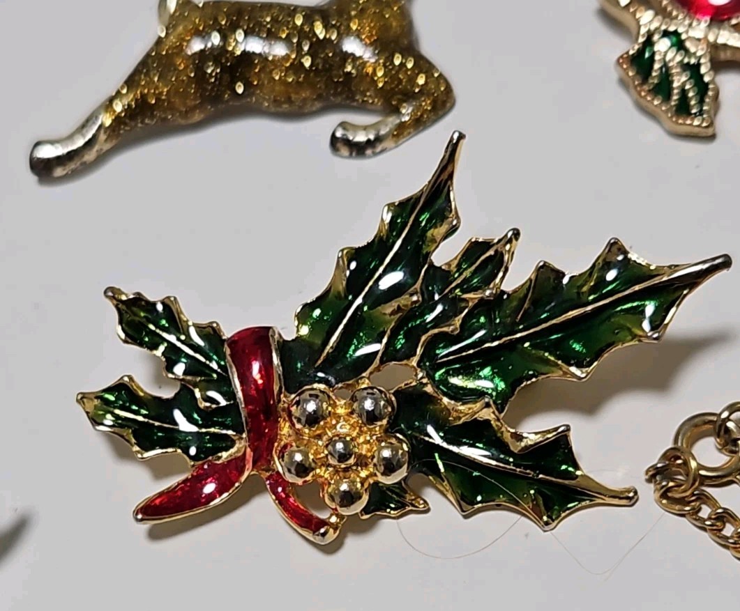 Christmas Brooch Pins Goldtone Rhinestones Enamel Holiday Jewelry