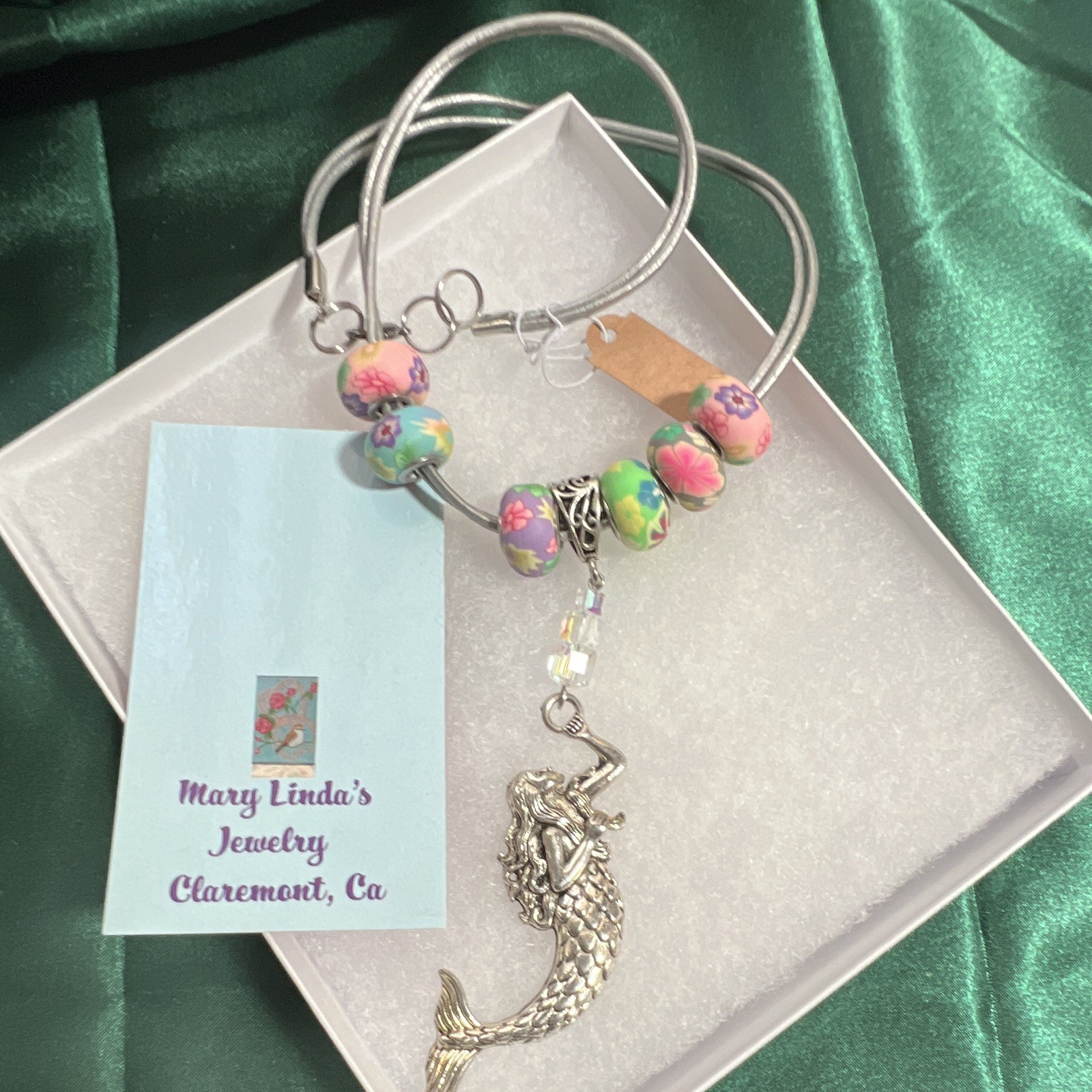 Necklace, leather beaded, sterling silver, mermaid, lobster claw.
