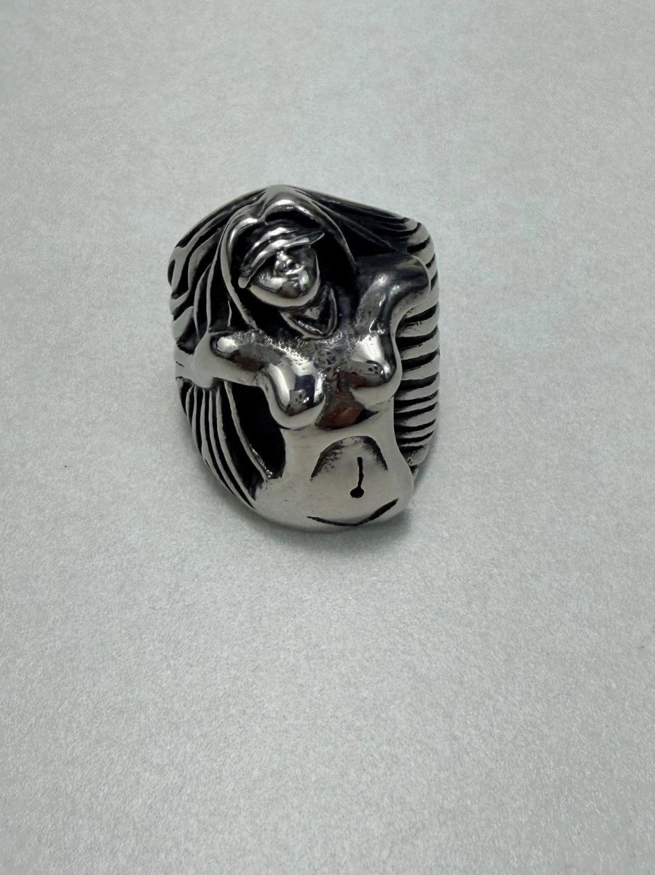 Stainless Steel Sculptural Nude Woman Art Ring Statement Biker Ring Unisex