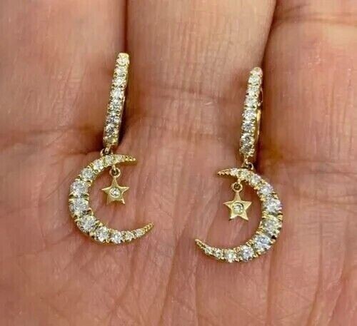 2Ct Round Cut Simulated Diamond Moon Drop Dangle Earrings 14k Yellow Gold Plated